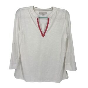 Ann Taylor LOFT Popover Top‎ Medium Embroidered V Neck Coastal Preppy
